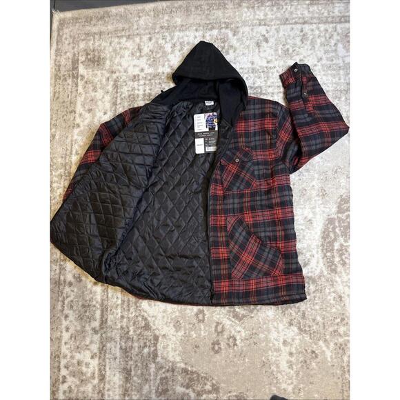 Tru-Fit Hooded Zip Front Jacket Coat Shacket Flannel Shirt Red Gray Plaid XL NWT - Picture 5 of 5